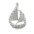 Sparkling silver sailboat brooch pin with white rhinestones on pure white background - Silver Sailboat Style (LZ001)