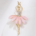 Elegant golden ballerina dancer brooch with pink glittery petals and clear rhinestones - Petal Pink (C2324-4PI)