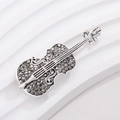 Silver-tone violin brooch featuring dark grey rhinestones in a pavé setting design - Silver Frame Black Rhinestone Violin