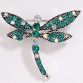 Silver-toned dragonfly brooch with emerald green and iridescent AB crystals - Antique Silver Green Style (XZ034)