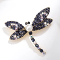 Golden dragonfly brooch with deep blue rhinestones and a white pearl on white background - Antique Gold Blue Style (XZ093)