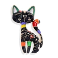 Künstlerische Katzenbrosche aus schwarzer Emaille mit bunten Mustern und Goldlegierung - Schwarze Pop Art Blumen Katze