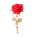 Eleganter rote Rose Brosche mit Goldblättern, glitzernden Kristallen und Perlenakzent - Rote Rose