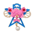 Vintage enamel floral brooch with blue leaves, pink petals and a white pearl drop - Blue Swallow Floral Style (XZ25045)
