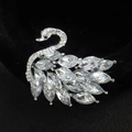 Elegant silver swan brooch with marquise-cut crystals and white diamonds on black velvet - Silver