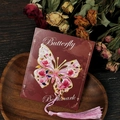 Hollow metal butterfly bookmark with pink rose print and long tassel on a display card - Pink Rose Texture Butterfly Style (T01042306) / Pink