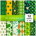 12 sheets of 6x6 inch St. Patrick's Day scrapbook paper with green shamrock patterns - Shamrock and Plaid Style (T01041755)