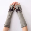 Grey knit fingerless gloves with cute rabbit jacquard pattern for winter warmth - Light Gray