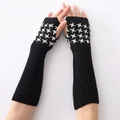 Lange fingerlose Strickhandschuhe mit Hahnentrittmuster und schwarzem Armstulpen - Jacquard Hahnentritt Lange Fingerlose Handschuhe / Schwarz