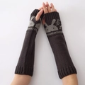 Detailed knit texture and cute rabbit pattern on brown fingerless arm warmer gloves - Dark Gray