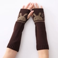 Brown knitted fingerless gloves with rabbit jacquard pattern and thumb hole - Coffee
