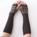 Mitaines longues pour femmes avec motif pied-de-poule et tricot gris café élégant - Gants Longs sans Doigts Jacquard Pied-de-poule / Gris clair