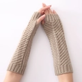 Knitted khaki fingerless arm warmers with herringbone pattern for winter warmth - Light Gray