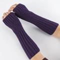 Detail showing diagonal stripes on purple knitted long fingerless arm warmers - Purple