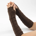 Close-up of deep brown knitted fingerless gloves with square textured pattern detail - Coffee