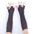 Detail of dark grey knit fingerless gloves with white lace trim and wooden buttons - Dark Gray