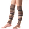 Close-up of winter knit leg warmers with multi-colored horizontal stripes and ribbed cuffs - One Size / Brown Khaki Stripes (Khaki)