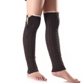 Dark brown cable knit leg warmers with white lace trim and decorative buttons - One Size / Dark Gray