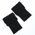 Pair of black knit leg warmers featuring scallop edges and floral crochet patterns - One Size / Black