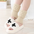 Chic knit leg warmers with diamond pattern and cozy faux fur cross slippers for women - Beige