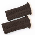 Detailed close-up of dark brown knit leg warmers with delicate cream lace embroidery edges - One Size / Coffee