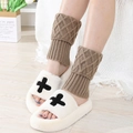 Plush cross slippers with brown cable knit leg warmers for cozy winter indoor wear - Khaki