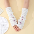 White knitted arm warmers with pink stars for women, perfect for winter warmth - White (6 Stars)
