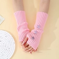 Pink knitted arm warmers with purple star patches and thick ribbed texture design - Pink (6 Stars)