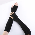 Long black ribbed cashmere fingerless gloves with thumb hole for winter warmth - Black