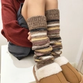 Detailed knit texture of colorful striped leg warmers with thick y2k ribbed cuff style - One Size / Khaki