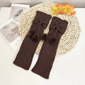 Kids dark brown knitted leg warmers with bow and pom poms for autumn winter outfit - One Size / Coffee