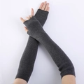 Soft dark grey cashmere fingerless knit gloves with ribbed texture for arm warming - Dark Gray