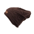 Detail of thick knit texture and leather patch on dark brown winter ski beanie hat - Coffee