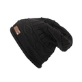 Detail of black cable-knit texture and brown leather logo patch on warm winter beanie - Black