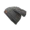 Detailed view of dark grey cable knit texture and brown leather patch on winter beanie - Gray