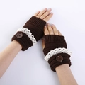 Dark brown knitted fingerless gloves with white lace trim and button detail - One Size / Coffee