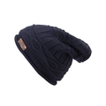 Detailed knit texture and brown leather label on navy blue winter beanie for skiing - Navy Blue