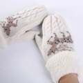 Mouffles tricotées beige avec motif renne en strass et bordure en fausse fourrure blanche - Blanc