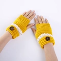 Bright yellow knitted fingerless gloves with white lace trim and dark brown button detail - One Size / Yellow
