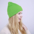 Close-up detail of the bright green ribbed knit texture on a double-layer warm winter beanie - One Size / Green