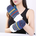 Women's multi-colored striped knit mittens with warm faux fleece cuffs for winter - One Size / Blue