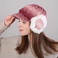 Winter knitted earflap cap with letter embroidery and warm plush lining in pink purple - Pink