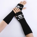 Black knitted long fingerless skull gloves with ribbed texture for winter fashion - One Size / Black