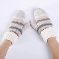 Striped knit mittens in beige with grey stripes and plush faux fur cuffs - One Size / Beige