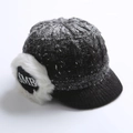 Detailed knit winter hat with black brim, white faux fur earflaps and SMB letter embroidery - Black And Gray (Random 2 Colors)