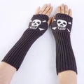 Dark grey knitted fingerless arm warmer featuring white skull and crossbones pattern - One Size / Dark Gray