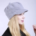 Side view of light gray knitted visor beanie with thick textured wave pattern for winter - One Size / Light Gray