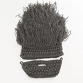 Detail of grey handmade knit beanie with crazy hair tassels and detachable woven beard - One Size / Gray