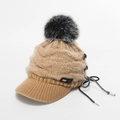 Chic camel knitted visor beanie for women with large faux fur pompom and side drawstrings - Khaki