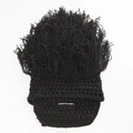 Close-up of black knitted beanie with thick fringe texture for costume party - One Size / Black